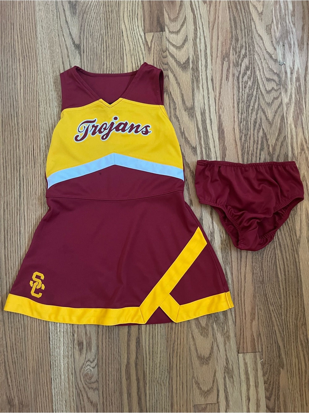 Trojans Maroon and Yellow Cheer Dress with Briefs Sz 5/6